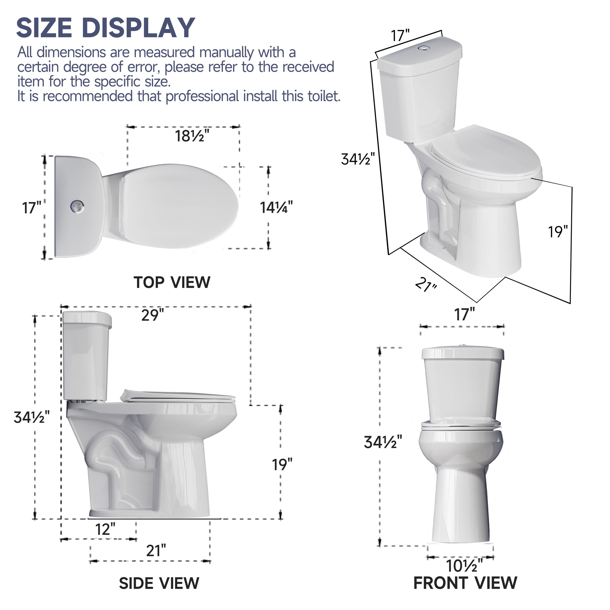 Elongated Tall Toilet 20 Inch for Seniors - 1.1/1.6 GPF Dual Flush Two Piece ADA High Toilet for Bathroom, 19 Inch Bowl Height, 20 Inch Seat Height, 12" Rough In, White