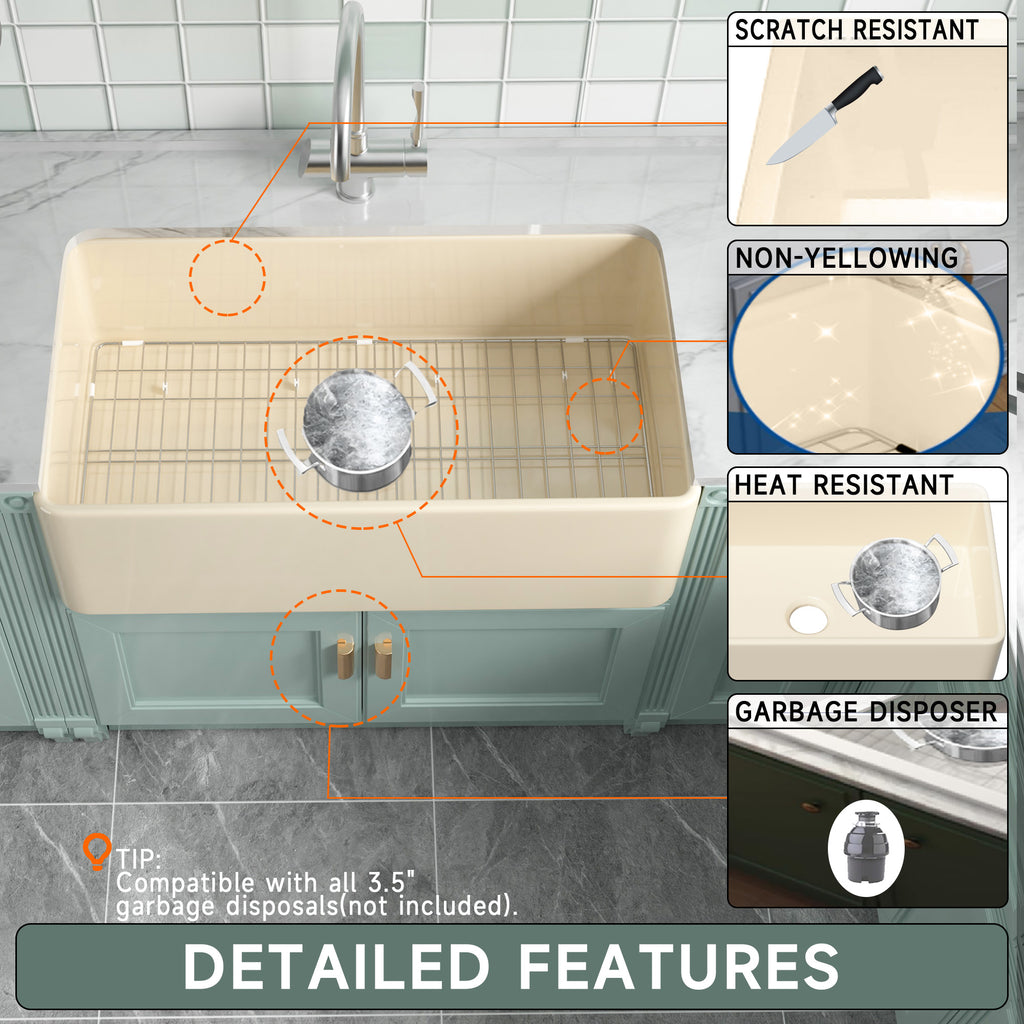 33-Inch Bone Color Farmhouse Kitchen Sink Double-Sided Apron-Front Design | Undermount Mounting | 33"×18"×10" Dimension | Heavy-Duty Solid Fireclay Construction | Perfect for Residential Kitchens