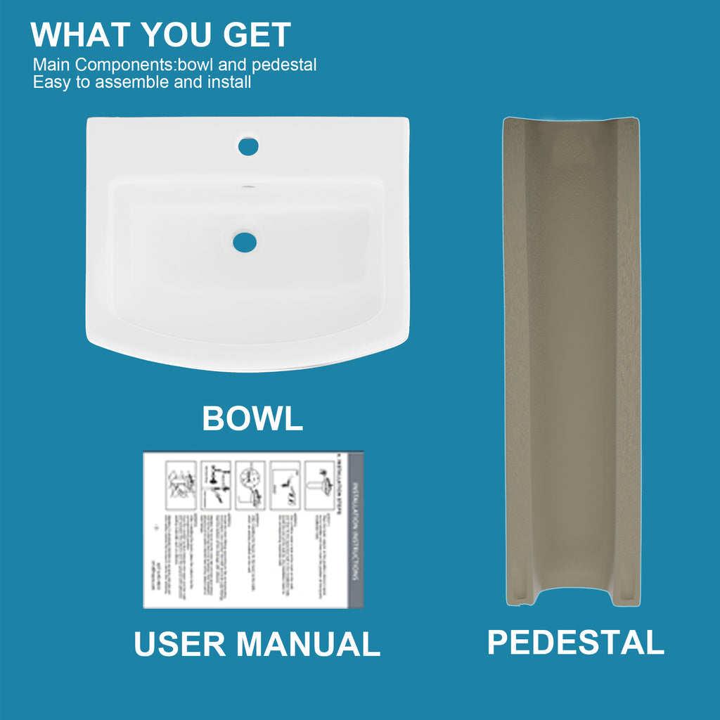 Pedestal Sink: 55.88 cm Single-Hole Ceramic Base Sink Combo for Bathroom, 55.88 cm Depth × 43.18 cm Width × 86.96 cm Height, White, with 1 Overflow Hole and 1 Faucet Hole