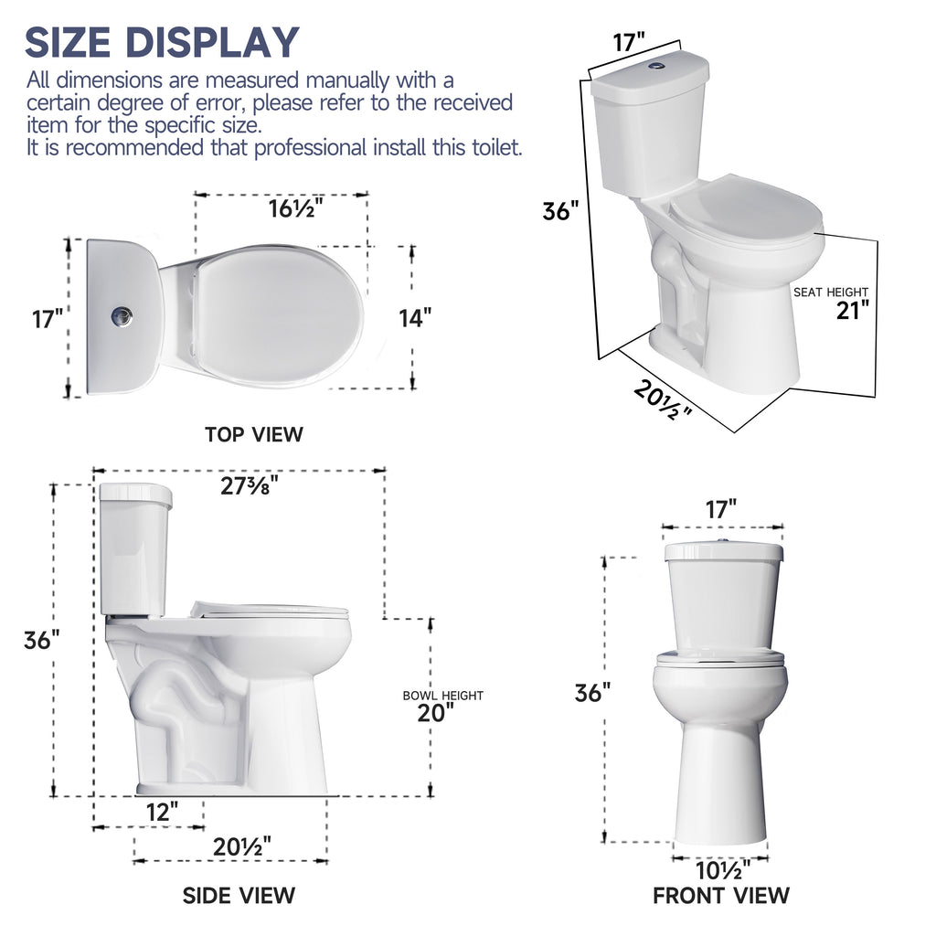 Extra Tall Elongated Toilet 22 Inch for Seniors -1.1/1.6 GPF Dual Flush Two Piece Comfort High Toilet, Bowl Height 21 Inch, Seat Height 22”, 12” Rough In, White, for Bathroom