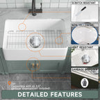 76.2 cm Bright White Farmhouse Kitchen Sink Apron Front Undermount Installation, Double-sided Structure, Dimensions 76.2 cm × 45.7 cm × 25.4 cm | Single Bowl, Heavy-duty Solid Fireclay Construction | Perfect for Residential Kitchens