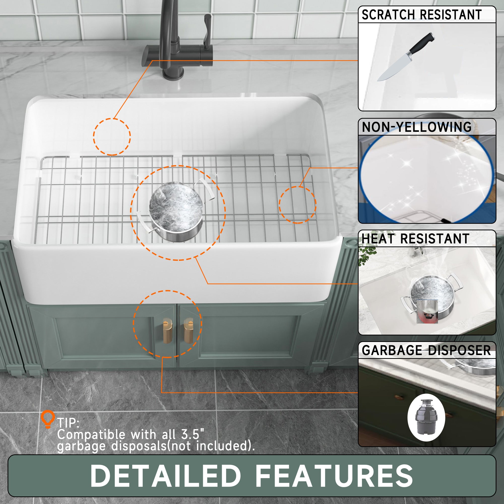 76.2 cm Bright White Farmhouse Kitchen Sink Apron Front Undermount Installation, Double-sided Structure, Dimensions 76.2 cm × 45.7 cm × 25.4 cm | Single Bowl, Heavy-duty Solid Fireclay Construction | Perfect for Residential Kitchens