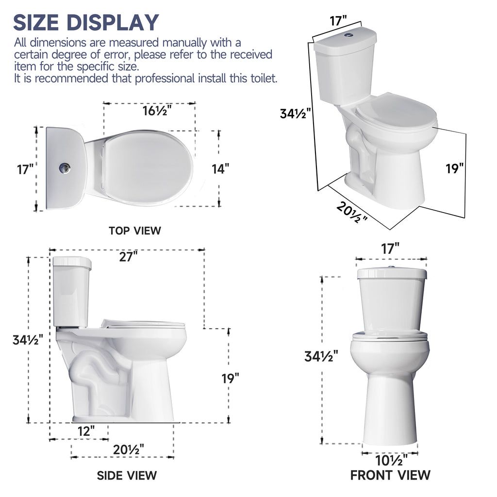 Compact Tall Toilet 20 Inch for Seniors - 1.1/1.6 GPF Dual Flush, Two Piece ADA High Toilet for Small Bathroom Space, 19 Inch Bowl Height, 20 Inch Seat Height, 12" Rough In, White