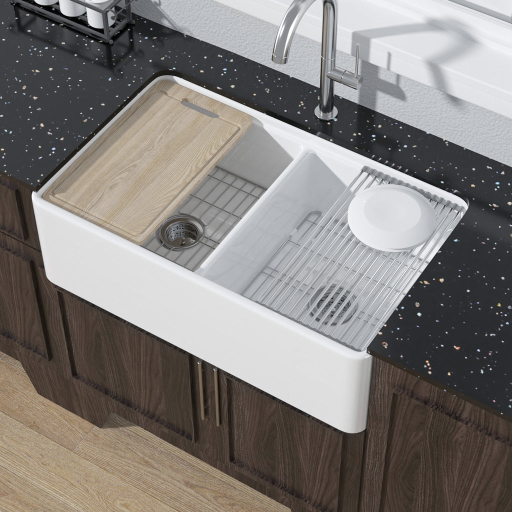 Farmhouse Workstation Sink, 76.2 cm, Suitable for Kitchen - White Apron-Front Fireclay Kitchen Sink, Double-Sided, 76.2 cm × 50.8 cm × 25.4 cm, Farmhouse-Style Heavy-Duty Deep Single Bowl