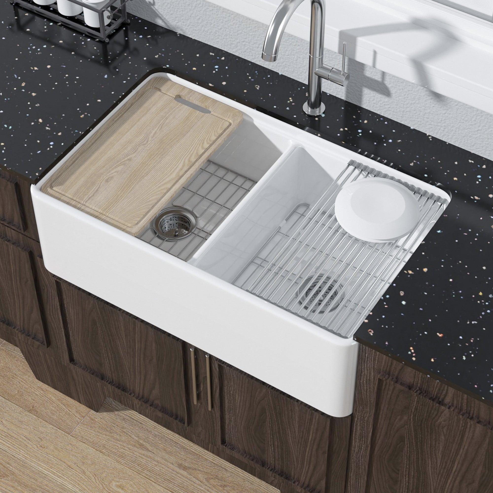 Farmhouse Workstation Sink, 76.2 cm, Suitable for Kitchen - White Apron-Front Fireclay Kitchen Sink, Double-Sided, 76.2 cm × 50.8 cm × 25.4 cm, Farmhouse-Style Heavy-Duty Deep Single Bowl