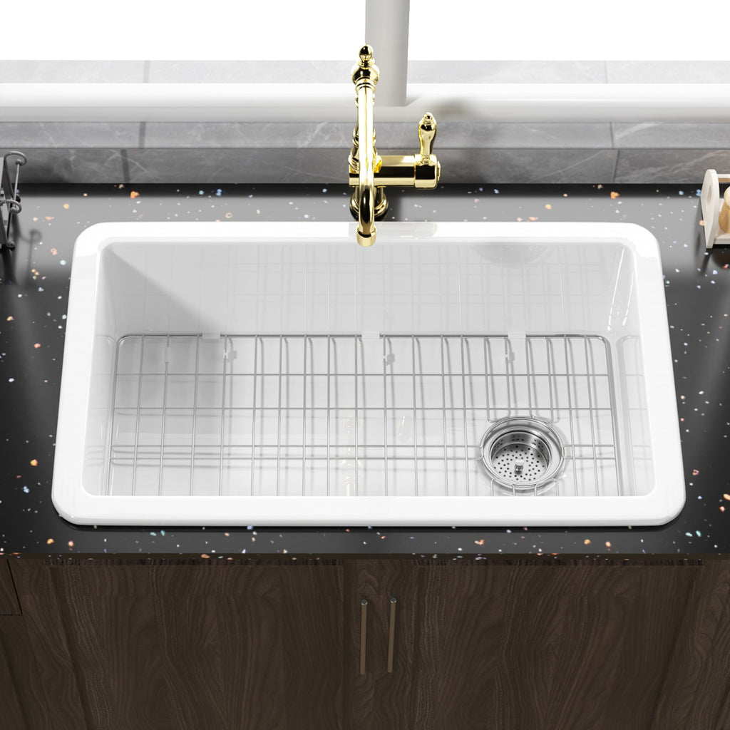 White Undermount Kitchen Sink 32 Inch - Large Topmount Fireclay Drop In Sink 32"x19"x10", Dual Mount Heavy Duty Deep Single Bowl, with 2 Custom Accessories, Glossy White, for Kitchen
