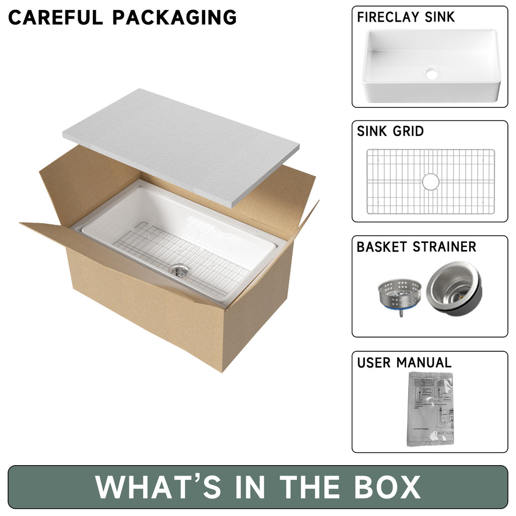 91.44cm Oversized Apron-Front Kitchen Sink   91.44cm × 45.72cm × 25.4cm double-sided apron-front single bowl, undermount installation. Made of solid fireclay in bright white, this farmhouse-style sink is durable and ideal for kitchens.