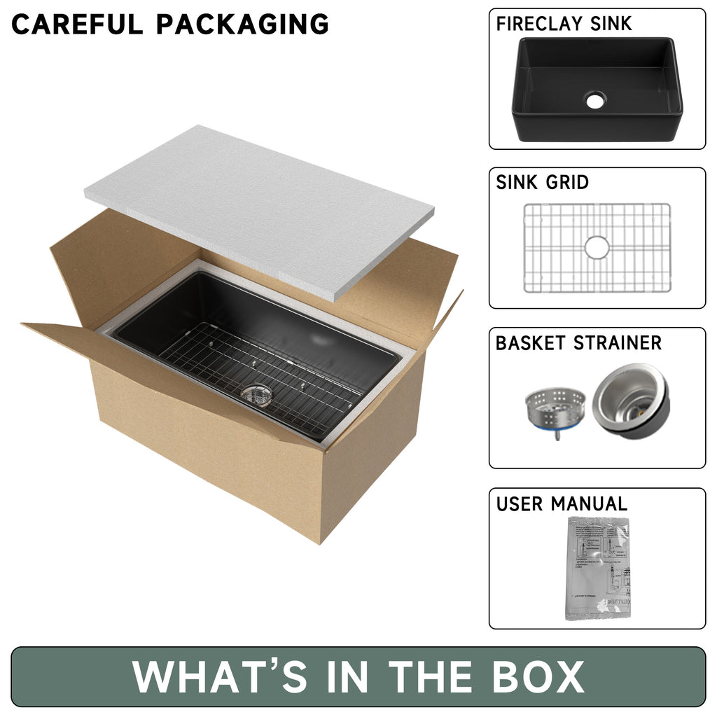  Black Farmhouse Sink 76.2 cm - Apron-front Undermount Double-sided Kitchen Sink, 76.2 cm × 45.7 cm × 25.4 cm, Farmhouse-style Single Bowl, Heavy-duty Solid Fireclay, Matte Black, Ideal for Kitchen