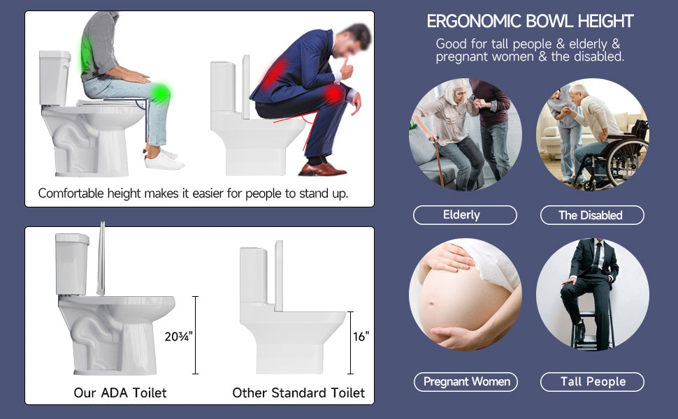  Extra Tall 22" Comfort Height Toilet for Seniors – Elongated, Dual Flush 1.1/1.6 GPF, 12" Rough-In, Two-Piece Bathroom Toilet