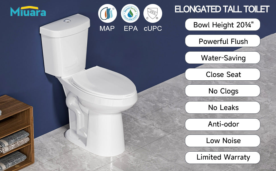  Extra Tall 22" Comfort Height Toilet for Seniors – Elongated, Dual Flush 1.1/1.6 GPF, 12" Rough-In, Two-Piece Bathroom Toilet