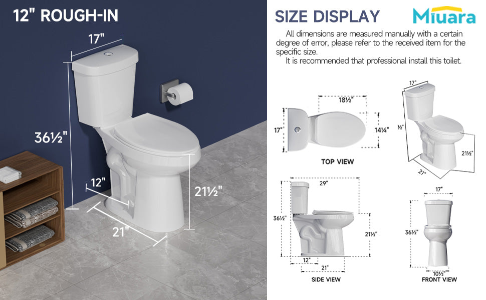  Extra Tall 22" Comfort Height Toilet for Seniors – Elongated, Dual Flush 1.1/1.6 GPF, 12" Rough-In, Two-Piece Bathroom Toilet