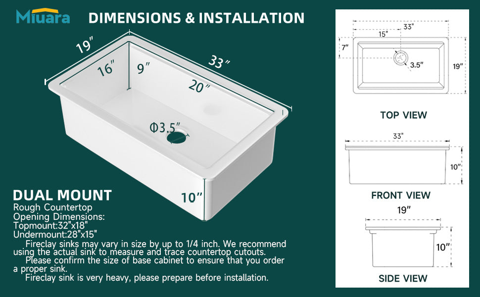 White Undermount Workstation Kitchen Sink 33 Inch - Large Topmount Fireclay Drop In Sink 33"x19"x10", Dual Mount Heavy Duty Deep Single Bowl, with 4 Custom Accessories, for Kitchen, Island