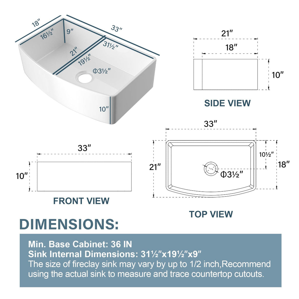 Miuara Farmhouse Sink Farm Sink Farmhouse Kitchen Sink Fireclay Sink Curved Apron Sink Undermount Kitchen Sink - Miuara LLC