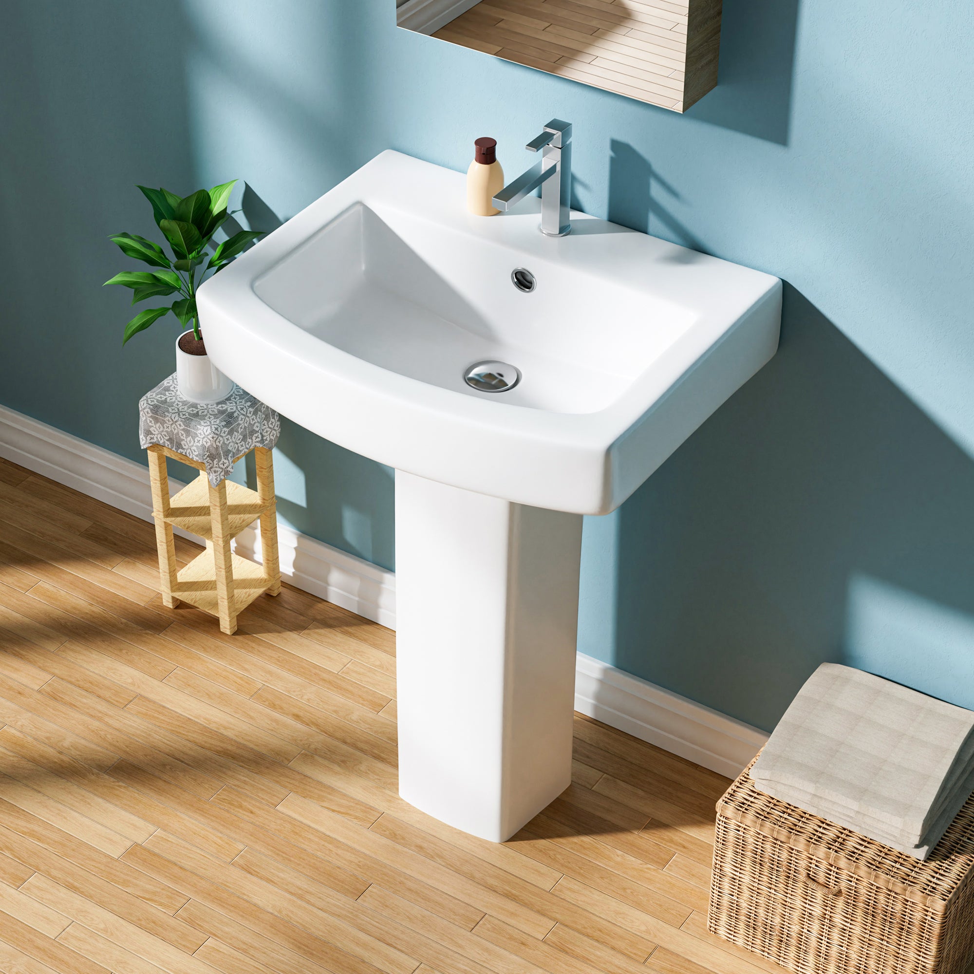 Pedestal Sink: 55.88 cm Single-Hole Ceramic Base Sink Combo for Bathroom, 55.88 cm Depth × 43.18 cm Width × 86.96 cm Height, White, with 1 Overflow Hole and 1 Faucet Hole