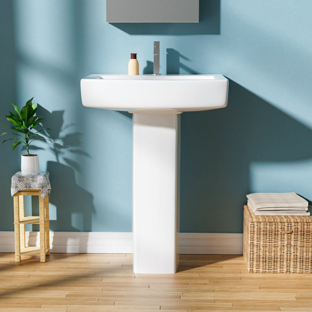 Pedestal Sink: 55.88 cm Single-Hole Ceramic Base Sink Combo for Bathroom, 55.88 cm Depth × 43.18 cm Width × 86.96 cm Height, White, with 1 Overflow Hole and 1 Faucet Hole