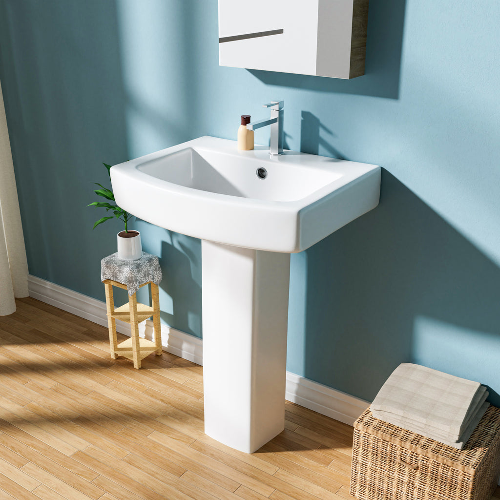 Pedestal Sink: 55.88 cm Single-Hole Ceramic Base Sink Combo for Bathroom, 55.88 cm Depth × 43.18 cm Width × 86.96 cm Height, White, with 1 Overflow Hole and 1 Faucet Hole