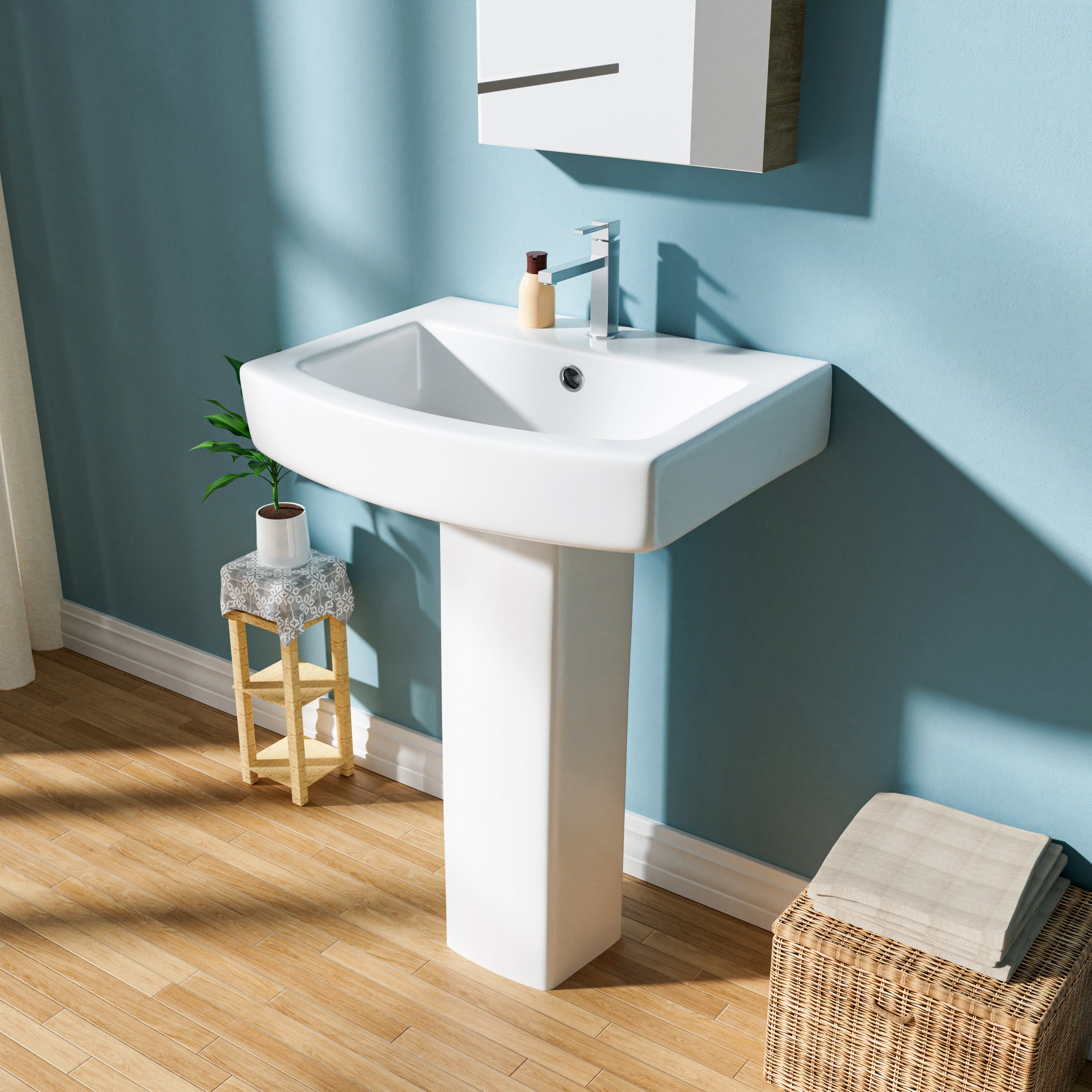 Pedestal Sink: 55.88 cm Single-Hole Ceramic Base Sink Combo for Bathroom, 55.88 cm Depth × 43.18 cm Width × 86.96 cm Height, White, with 1 Overflow Hole and 1 Faucet Hole