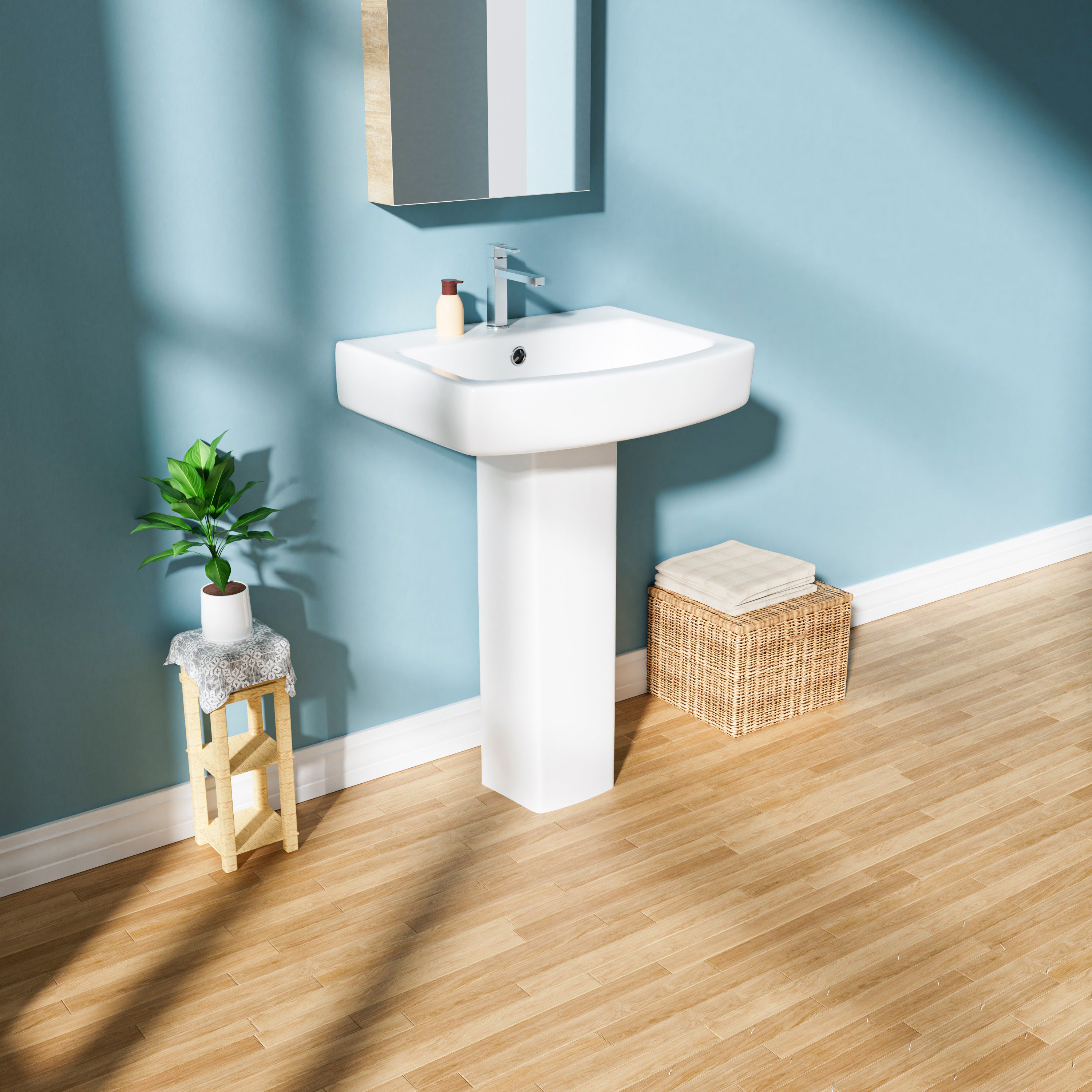 Pedestal Sink: 55.88 cm Single-Hole Ceramic Base Sink Combo for Bathroom, 55.88 cm Depth × 43.18 cm Width × 86.96 cm Height, White, with 1 Overflow Hole and 1 Faucet Hole