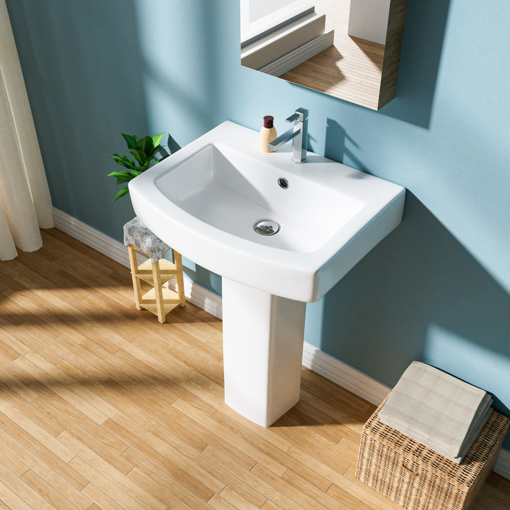Pedestal Sink: 55.88 cm Single-Hole Ceramic Base Sink Combo for Bathroom, 55.88 cm Depth × 43.18 cm Width × 86.96 cm Height, White, with 1 Overflow Hole and 1 Faucet Hole