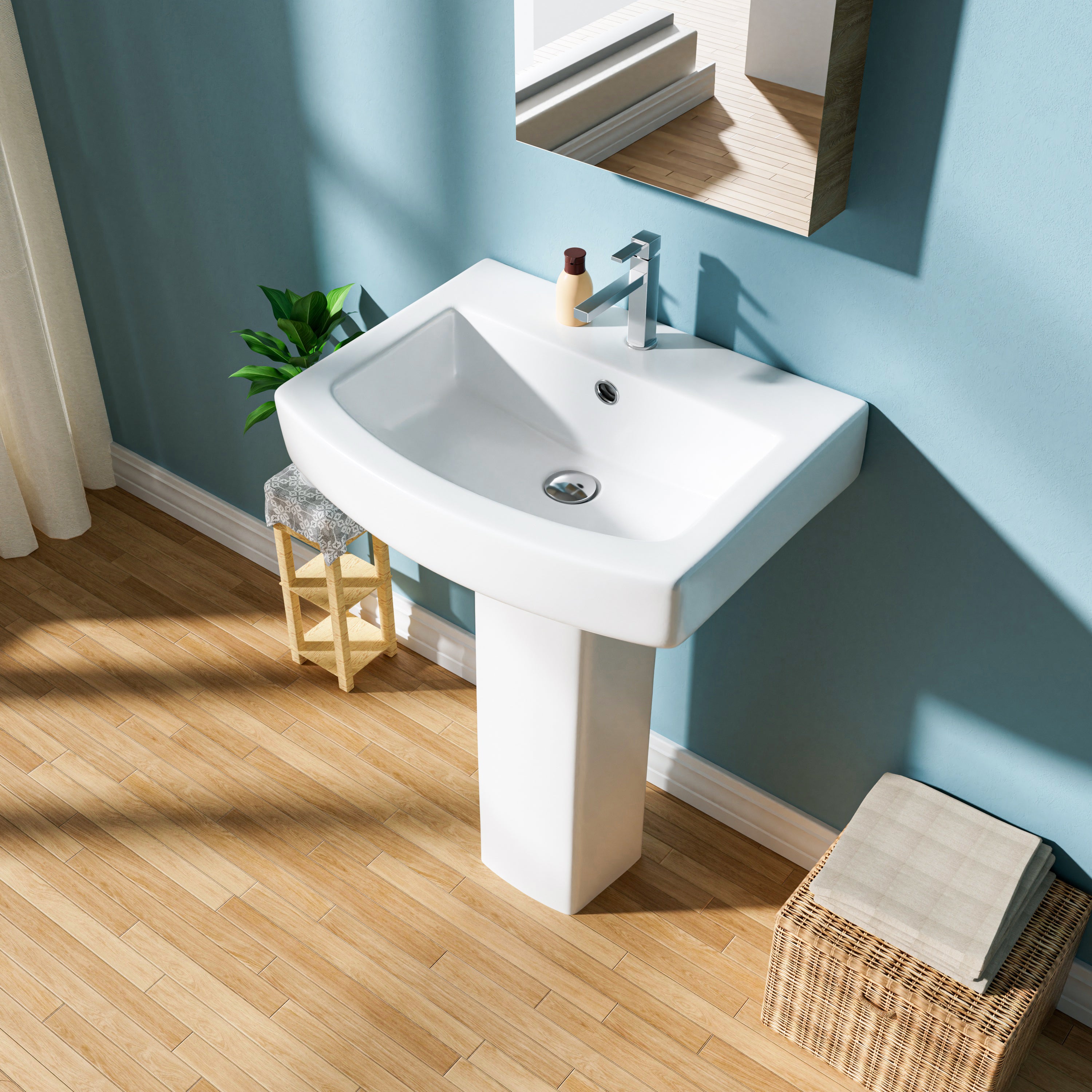 Pedestal Sink: 55.88 cm Single-Hole Ceramic Base Sink Combo for Bathroom, 55.88 cm Depth × 43.18 cm Width × 86.96 cm Height, White, with 1 Overflow Hole and 1 Faucet Hole