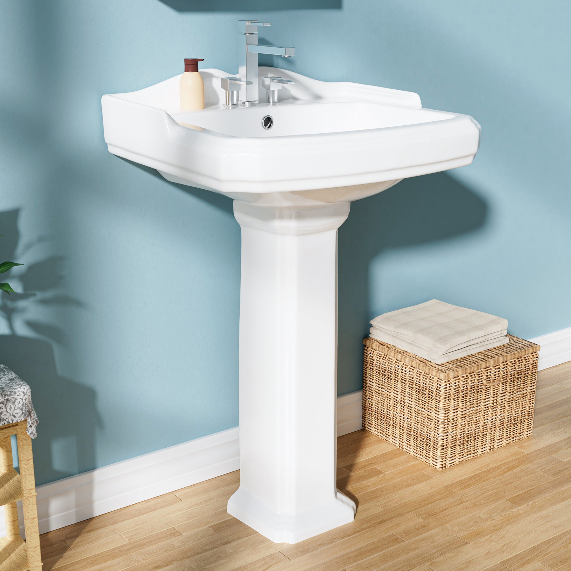 Pedestal sink, 58.22 cm - 3 - hole vintage ceramic pedestal sink set, suitable for bathroom, 48.26 cm deep x 58.42 cm wide x 91.44 cm high, white, with splash guard, 1 overflow hole and 3 faucet holes.