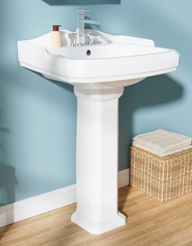 Pedestal sink, 58.22 cm - 3 - hole vintage ceramic pedestal sink set, suitable for bathroom, 48.26 cm deep x 58.42 cm wide x 91.44 cm high, white, with splash guard, 1 overflow hole and 3 faucet holes.