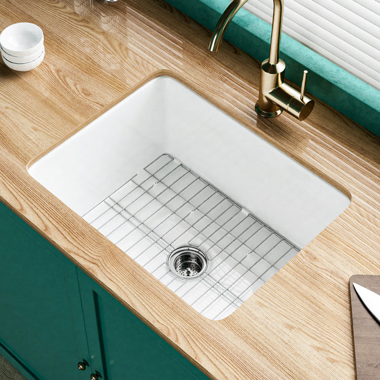 White Undermount Kitchen Sink 24 Inch - Small Topmount Fireclay Bar Sink Drop In 24"x19"x11", Dual Mount Deep Single Bowl, w 2 Accessories, Glossy White, for Kitchen & Laundry & Small Space