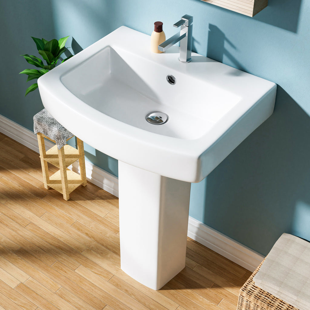 Pedestal Sink: 55.88 cm Single-Hole Ceramic Base Sink Combo for Bathroom, 55.88 cm Depth × 43.18 cm Width × 86.96 cm Height, White, with 1 Overflow Hole and 1 Faucet Hole