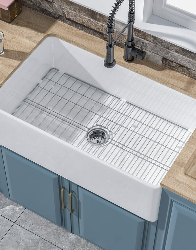 White Farmhouse Sink 33 x 20 Inch, Large Firecaly Apron Front Undermount Farm Sink Heavy Duty Deep Single Bowl, with Custom Accessories 2 Types, Pure White, for Kitchen