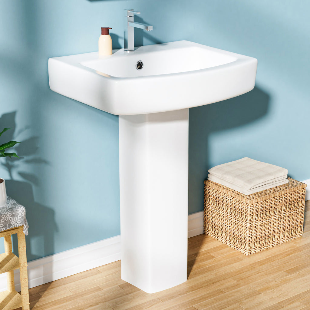 Pedestal Sink: 55.88 cm Single-Hole Ceramic Base Sink Combo for Bathroom, 55.88 cm Depth × 43.18 cm Width × 86.96 cm Height, White, with 1 Overflow Hole and 1 Faucet Hole