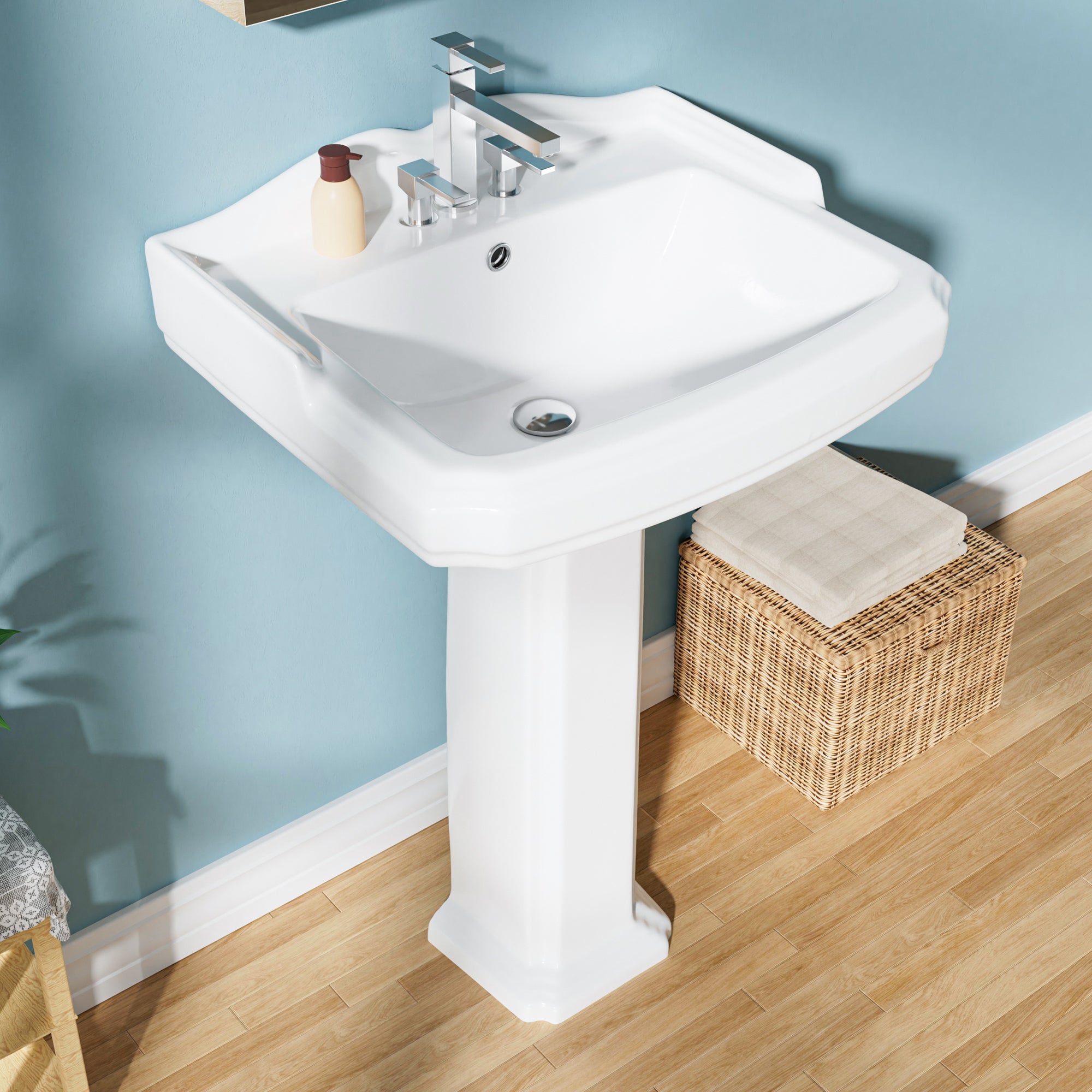 Pedestal sink, 58.22 cm - 3 - hole vintage ceramic pedestal sink set, suitable for bathroom, 48.26 cm deep x 58.42 cm wide x 91.44 cm high, white, with splash guard, 1 overflow hole and 3 faucet holes.