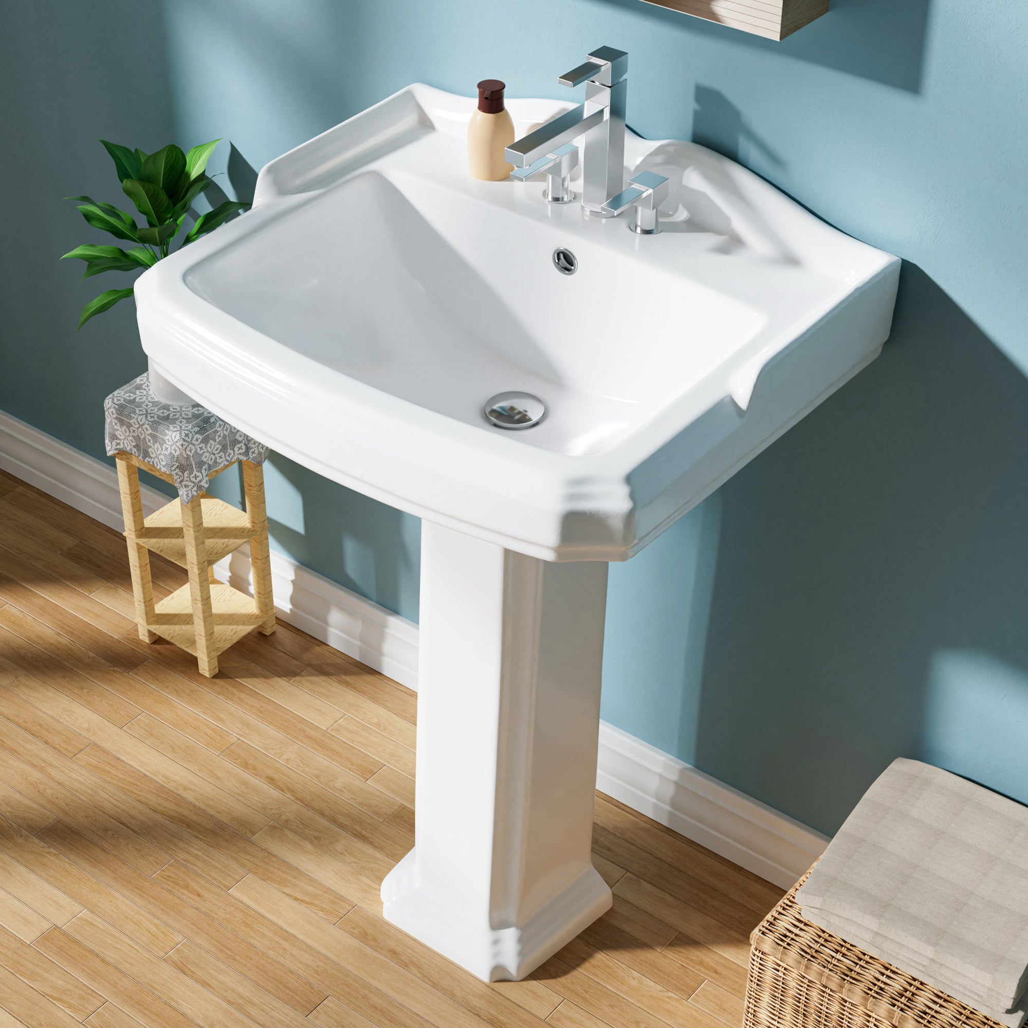 Pedestal sink, 58.22 cm - 3 - hole vintage ceramic pedestal sink set, suitable for bathroom, 48.26 cm deep x 58.42 cm wide x 91.44 cm high, white, with splash guard, 1 overflow hole and 3 faucet holes.
