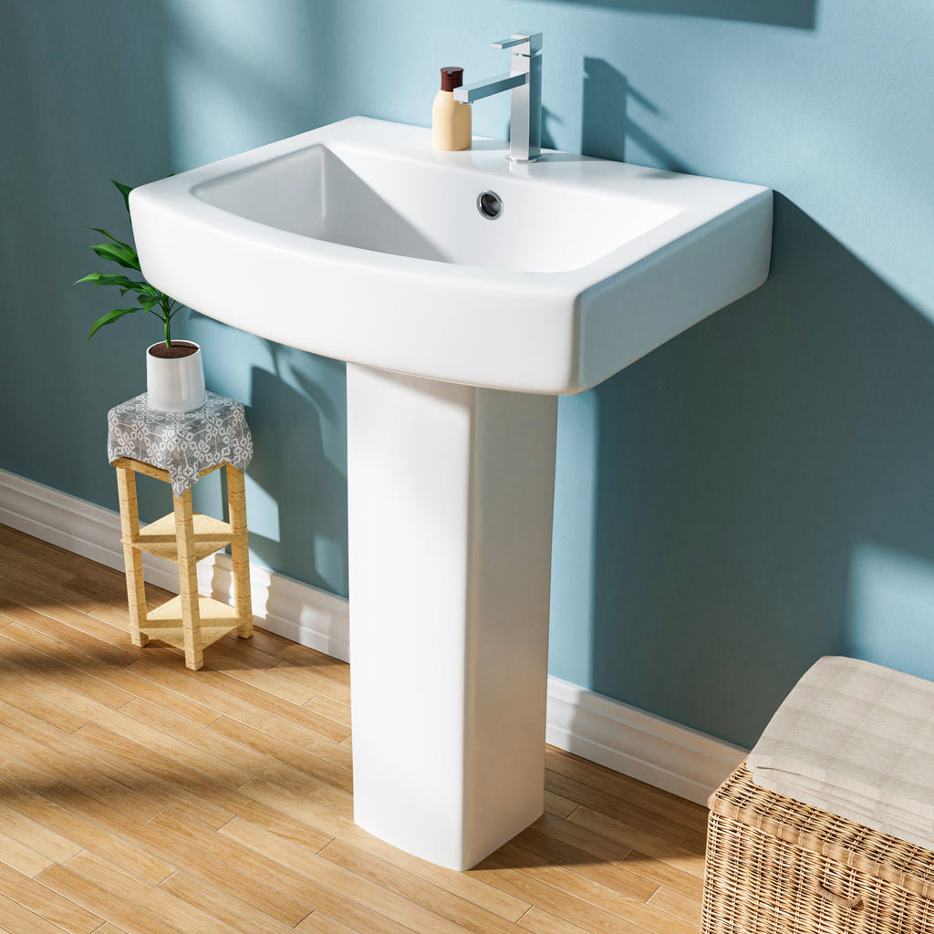 Pedestal Sink: 55.88 cm Single-Hole Ceramic Base Sink Combo for Bathroom, 55.88 cm Depth × 43.18 cm Width × 86.96 cm Height, White, with 1 Overflow Hole and 1 Faucet Hole