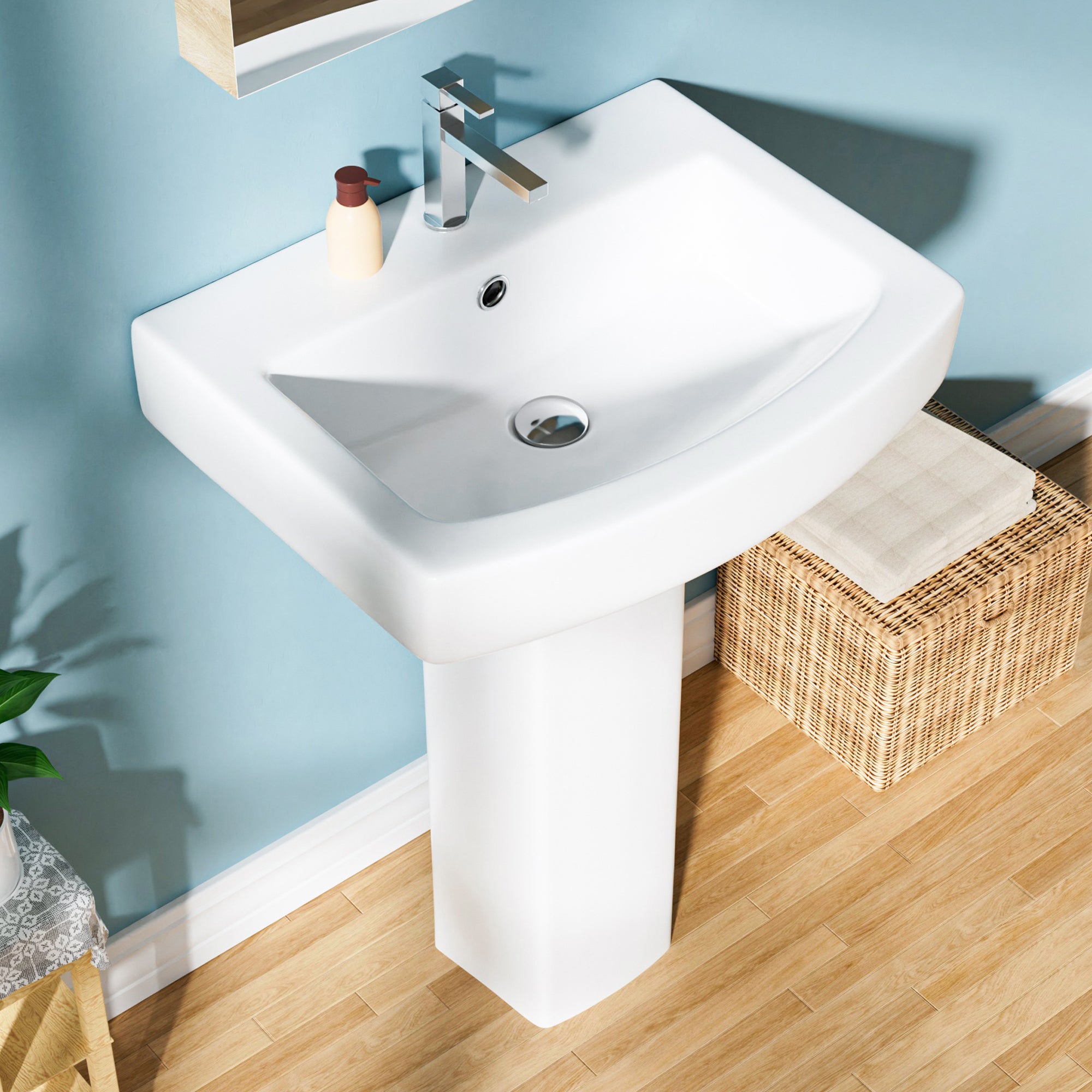 Pedestal Sink: 55.88 cm Single-Hole Ceramic Base Sink Combo for Bathroom, 55.88 cm Depth × 43.18 cm Width × 86.96 cm Height, White, with 1 Overflow Hole and 1 Faucet Hole