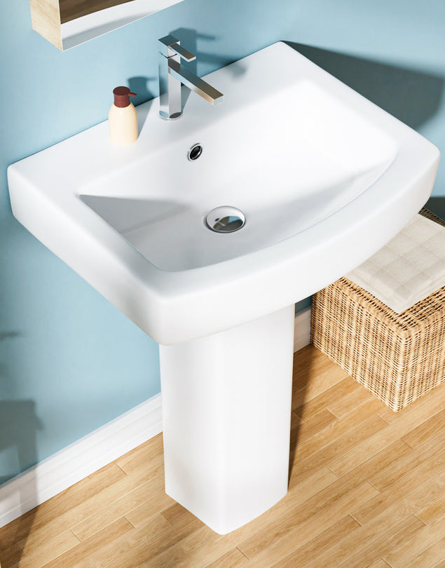 Pedestal Sink: 55.88 cm Single-Hole Ceramic Base Sink Combo for Bathroom, 55.88 cm Depth × 43.18 cm Width × 86.96 cm Height, White, with 1 Overflow Hole and 1 Faucet Hole