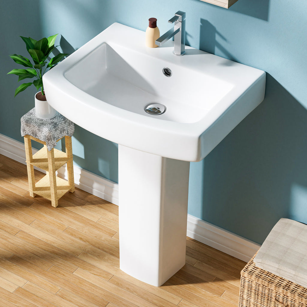 Pedestal Sink: 55.88 cm Single-Hole Ceramic Base Sink Combo for Bathroom, 55.88 cm Depth × 43.18 cm Width × 86.96 cm Height, White, with 1 Overflow Hole and 1 Faucet Hole