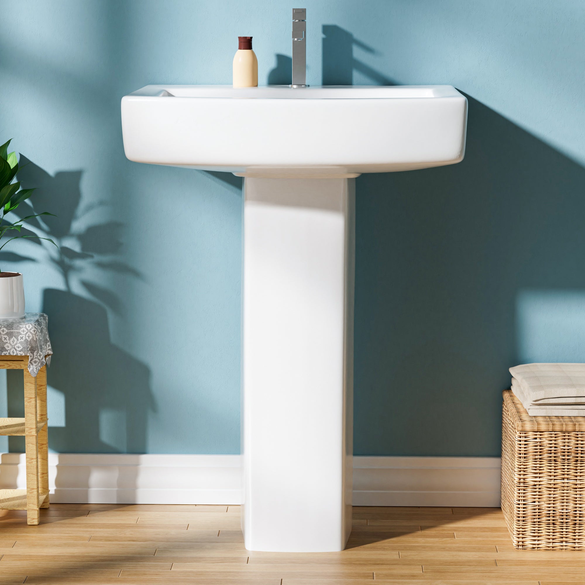 Pedestal Sink: 55.88 cm Single-Hole Ceramic Base Sink Combo for Bathroom, 55.88 cm Depth × 43.18 cm Width × 86.96 cm Height, White, with 1 Overflow Hole and 1 Faucet Hole