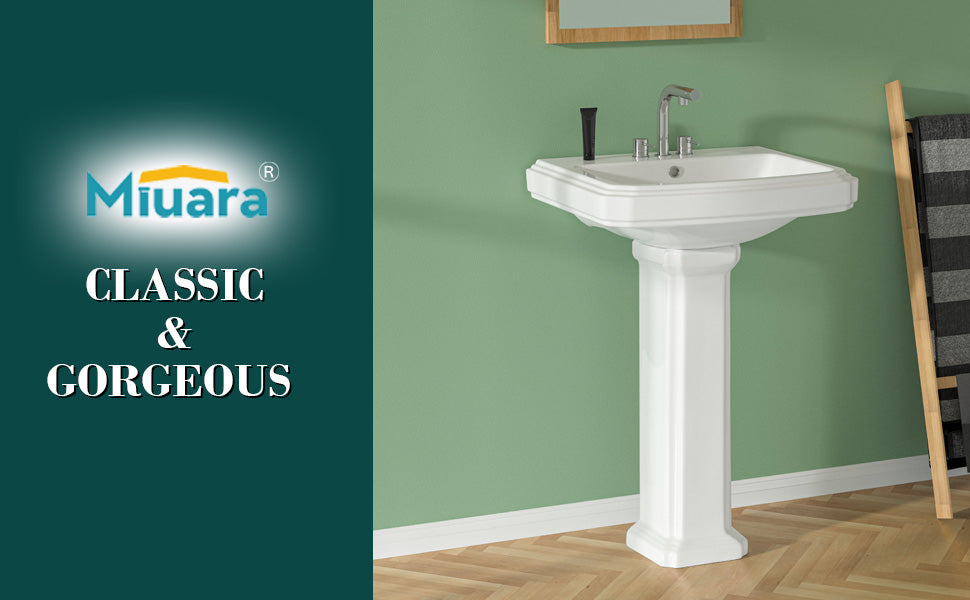 Pedestal Sink 23 Inch - 3 Hole Porcelain Pedestal Sink Combo for Bathroom, 23"Dx19"Wx33.5"H, White Color, with 1 Overflow Hole & 4 Inch 3 Faucet Hole