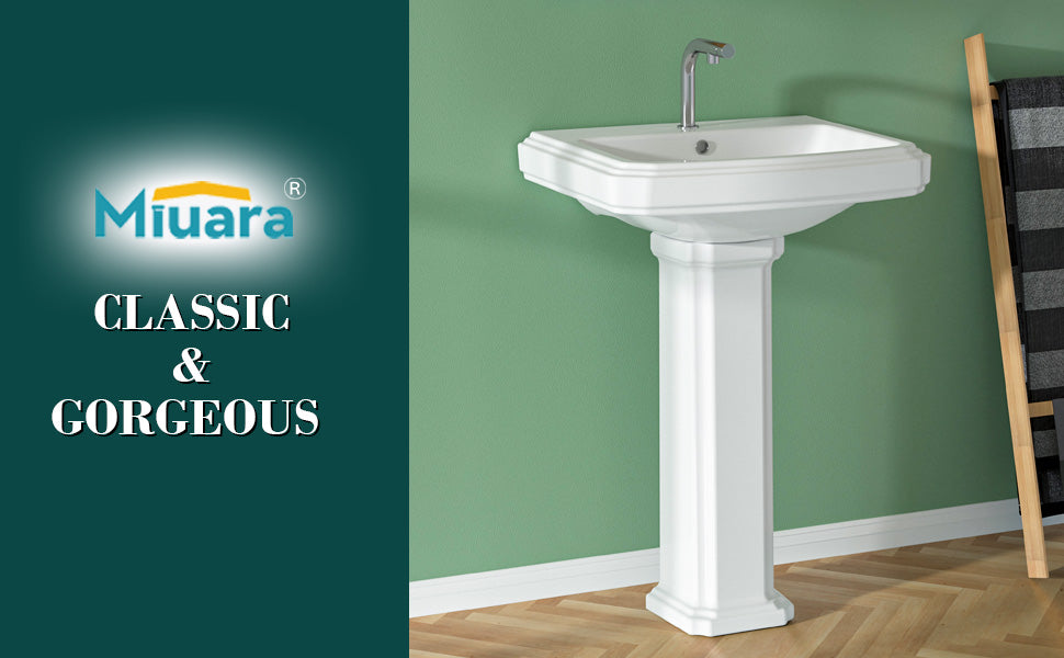 Pedestal Sink 23 Inch - 1 Hole Porcelain Pedestal Sink Combo for Bathroom, 23"Dx19"Wx36"H, White Color, with Backsplash, 1 Overflow Hole & 1 Faucet Hole
