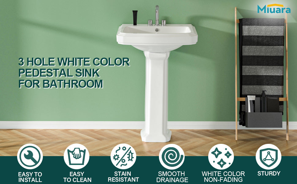 Pedestal Sink 23 Inch - 3 Hole Porcelain Pedestal Sink Combo for Bathroom, 23"Dx19"Wx33.5"H, White Color, with 1 Overflow Hole & 4 Inch 3 Faucet Hole