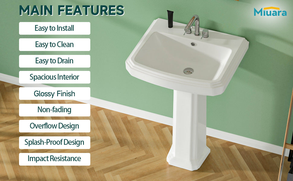 Pedestal Sink 23 Inch - 3 Hole Porcelain Pedestal Sink Combo for Bathroom, 23"Dx19"Wx33.5"H, White Color, with 1 Overflow Hole & 4 Inch 3 Faucet Hole