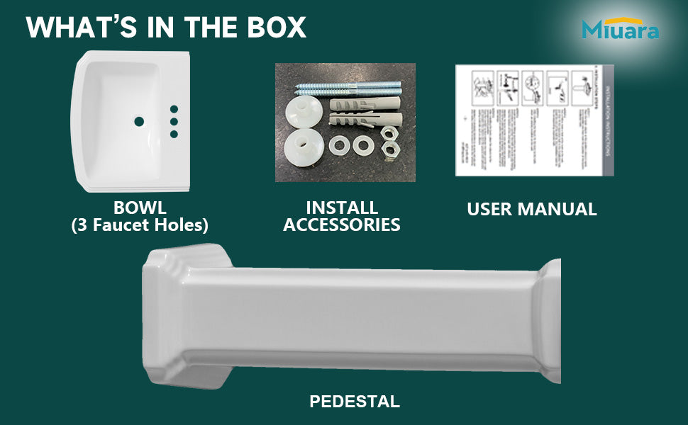 Pedestal Sink 23 Inch - 3 Hole Porcelain Pedestal Sink Combo for Bathroom, 23"Dx19"Wx33.5"H, White Color, with 1 Overflow Hole & 4 Inch 3 Faucet Hole