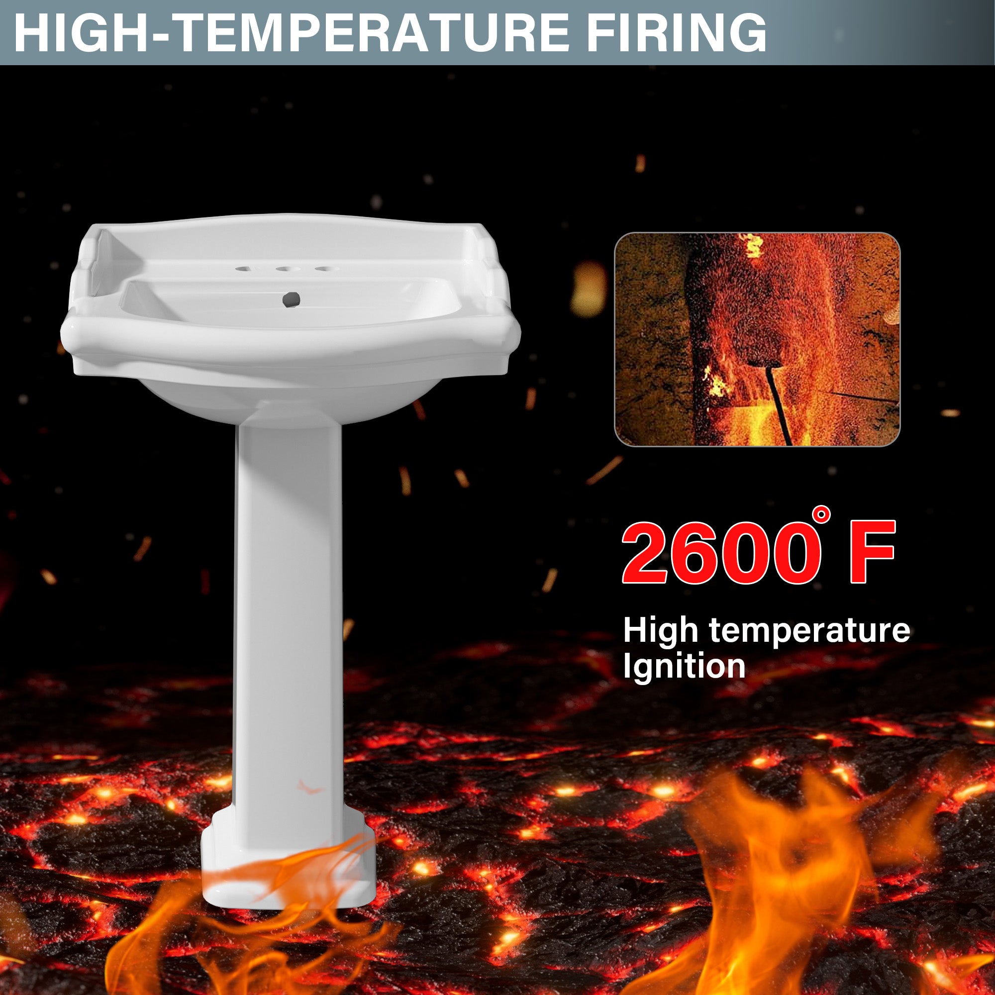 Pedestal Sink 23 Inch - 3 Hole Classic Vintage Porcelain Pedestal Sink Combo for Bathroom, 23"Dx19"Wx34"H, White, with Backsplash, 1 Overflow Hole & 3 Faucet Hole @ 4 Inch