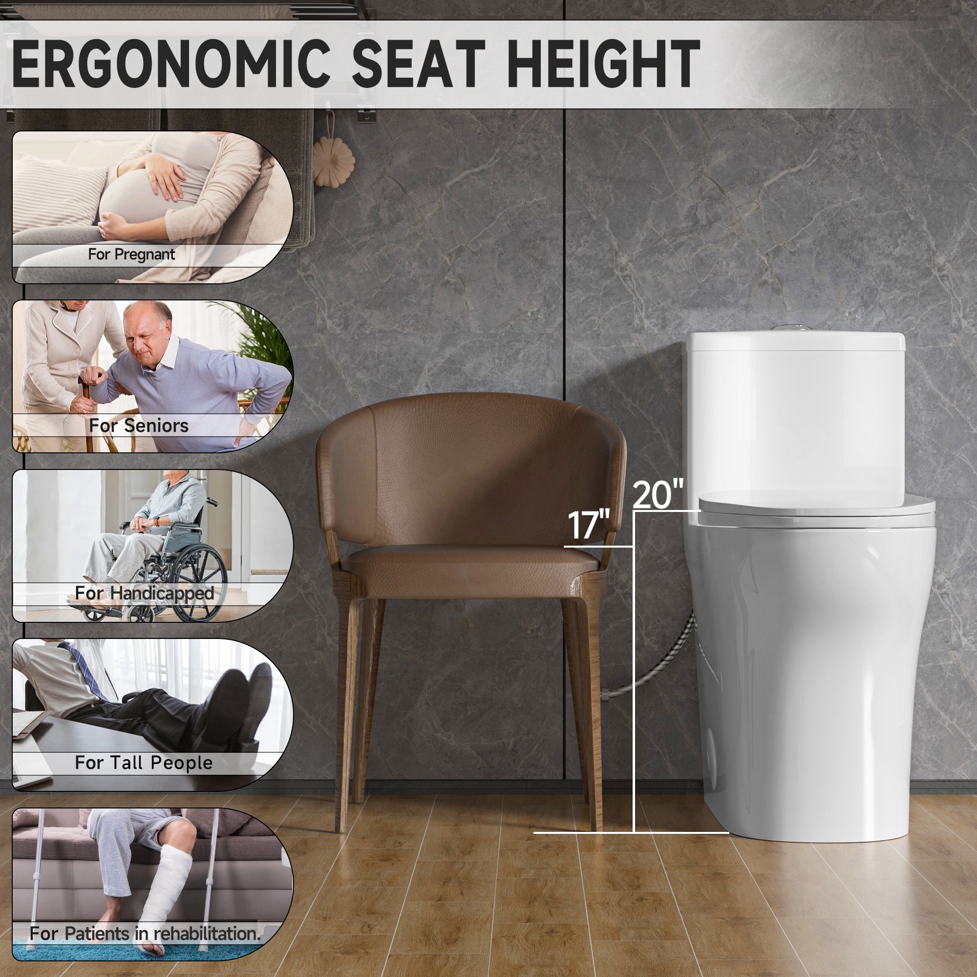 Elongated Modern Tall Toilet 19 Inch for Seniors, Powerful Tornado Flush Skirted High Toilet for Bathroom,One Piece Water Saving Dual Flush 1.0/1.28 GPF,Comfort ADA Bowl Heigh 18 Inch