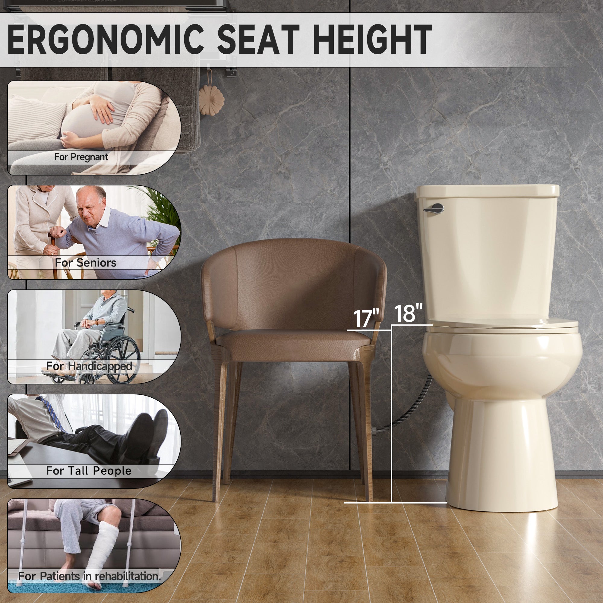 17 Inch Compact Tall Toilets for Bathrooms,ADA Comfort Chair Height Seat for Seniors,Two Piece Toilets Seat Height 17.5 Inch,Tornado Single Flush 1.28 GPF,12 Inch Rough-in