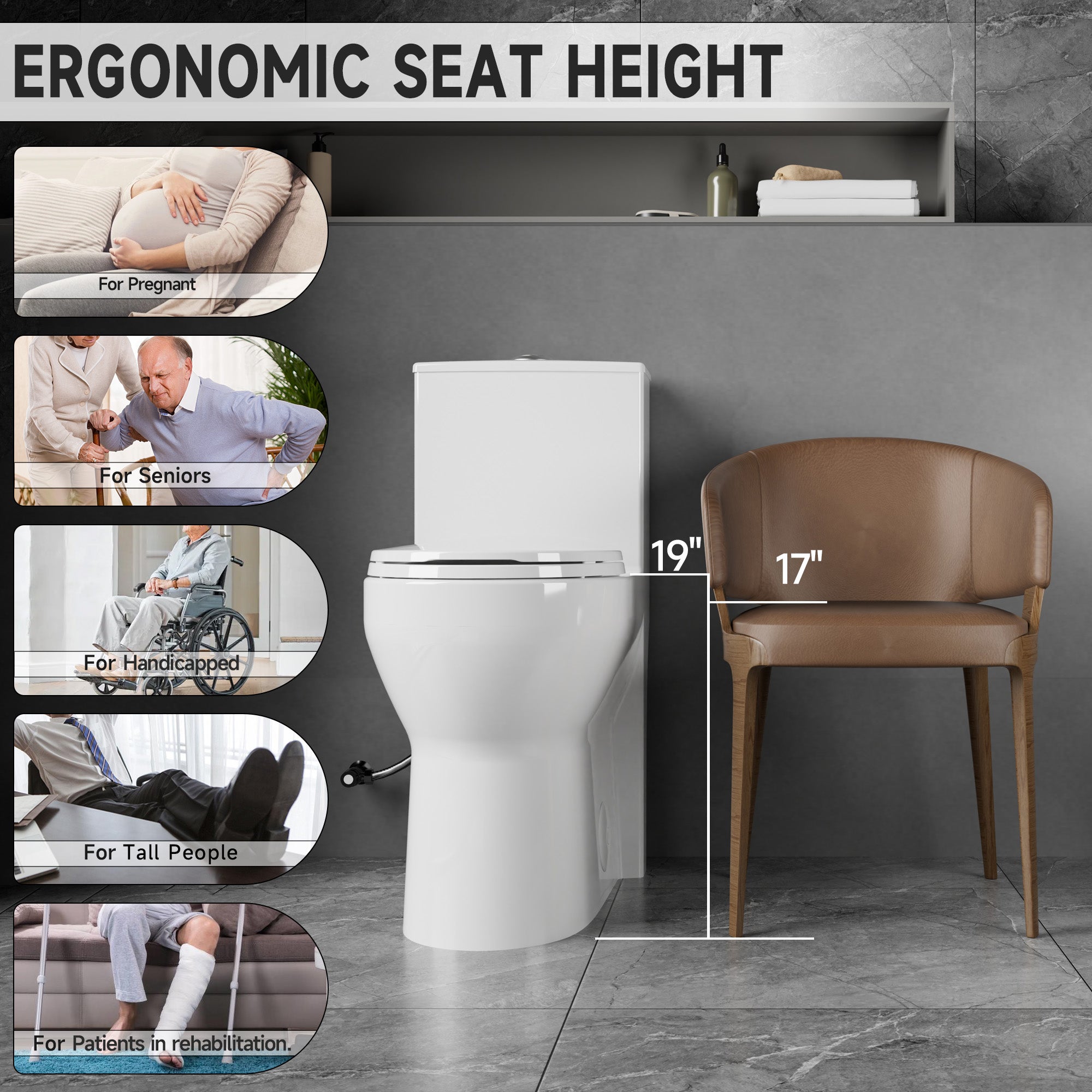 Compact One Piece Toilets for Small Bathroom Space, Modern Toilet with 19 Inch ADA Comfort Seat Height, 1.0/1.28 GPF Tornado Dual Flush,12 Inch Rougn In