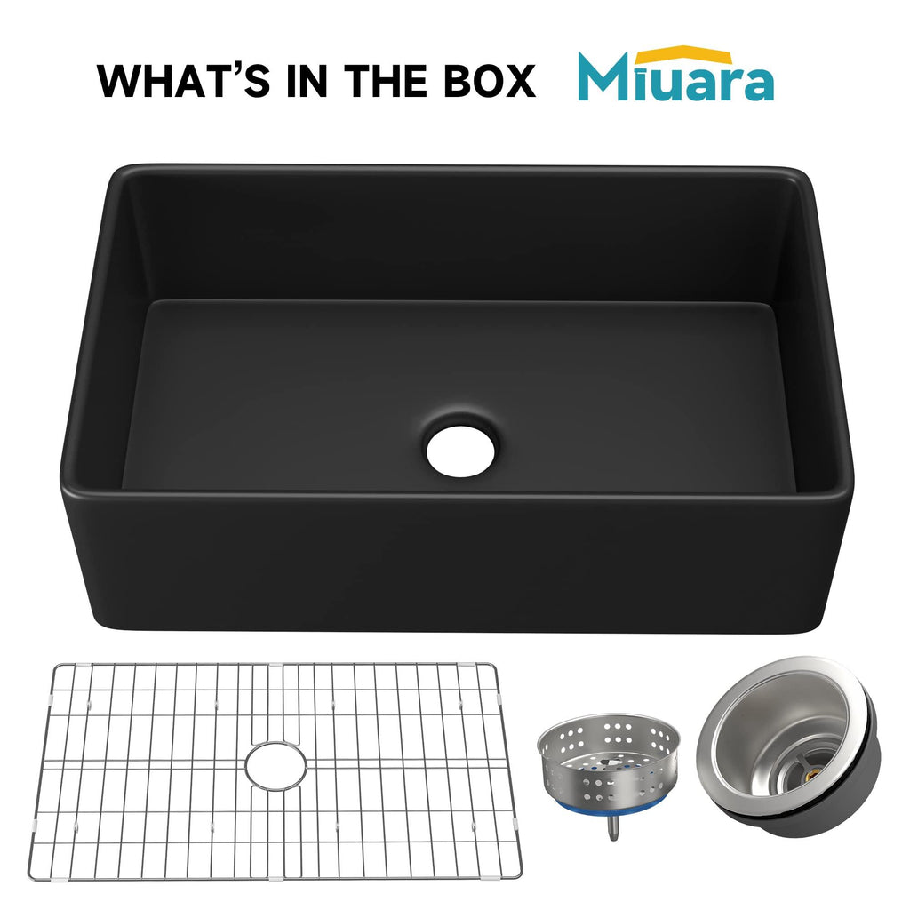 Miuara Black Farmhouse Sink 30 Inch x 20 Inch Fireclay Apron Front Farmhouse Kitchen Sink Undermount Kitchen Sink Large Deep Single Bowl Farm Sink with Custom Bottom Grid & Farmhouse Sink Strainer - Miuara LLC