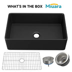 Miuara Black Farmhouse Sink 30 Inch x 20 Inch Fireclay Apron Front Farmhouse Kitchen Sink Undermount Kitchen Sink Large Deep Single Bowl Farm Sink with Custom Bottom Grid & Farmhouse Sink Strainer - Miuara LLC