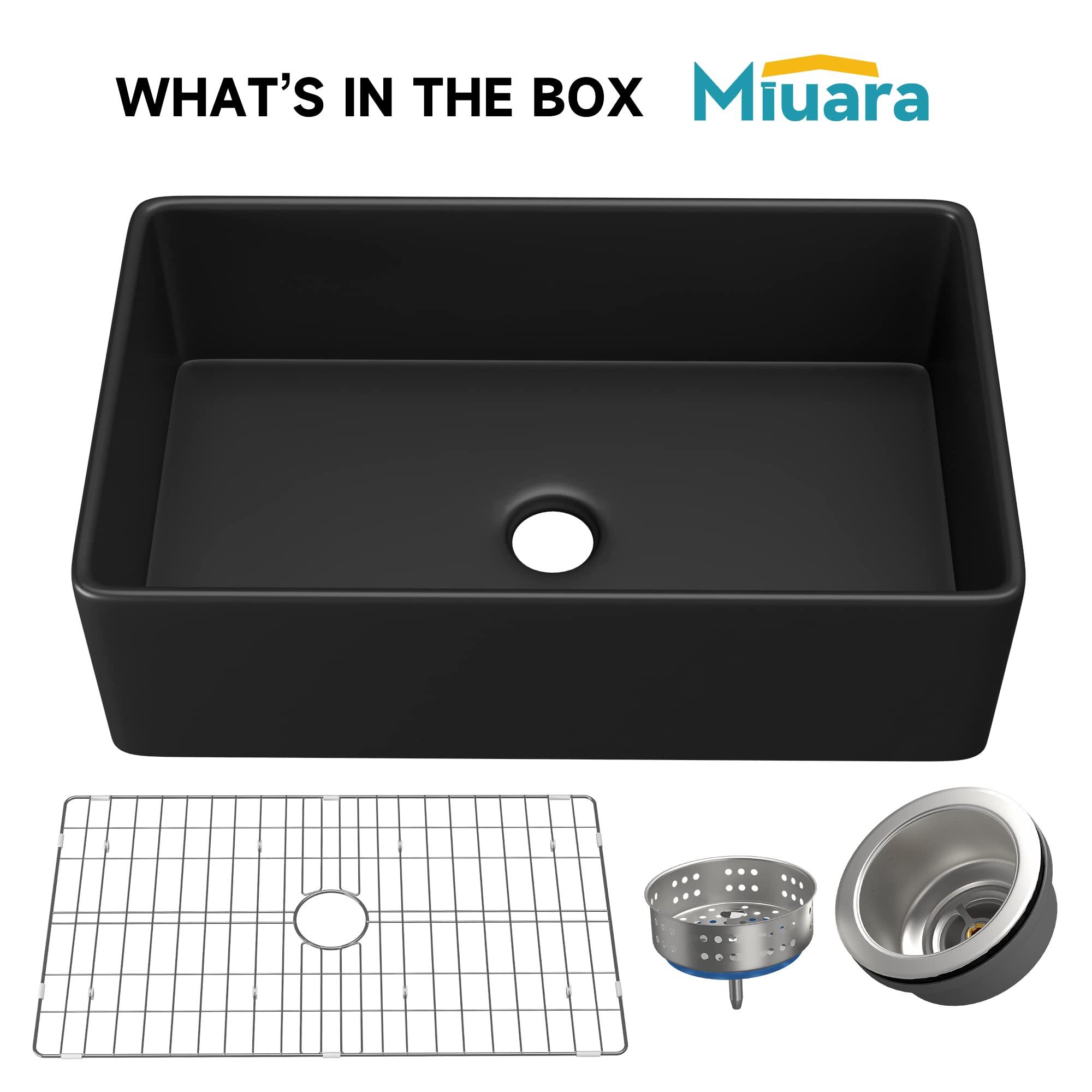 Miuara Black Farmhouse Sink 30 Inch x 20 Inch Fireclay Apron Front Farmhouse Kitchen Sink Undermount Kitchen Sink Large Deep Single Bowl Farm Sink with Custom Bottom Grid & Farmhouse Sink Strainer - Miuara LLC