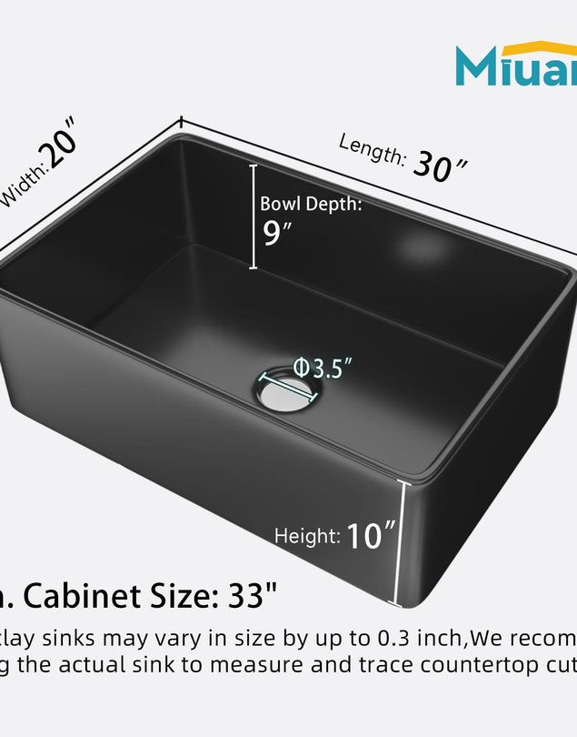 Miuara Black Farmhouse Sink 30 Inch x 20 Inch Fireclay Apron Front Farmhouse Kitchen Sink Undermount Kitchen Sink Large Deep Single Bowl Farm Sink with Custom Bottom Grid & Farmhouse Sink Strainer - Miuara LLC